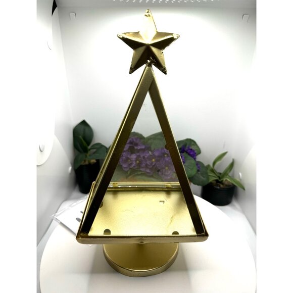 Gold Metal Christmas Tree Display Stand/Candle Holder With Star & Glass Panels - Picture 5 of 7